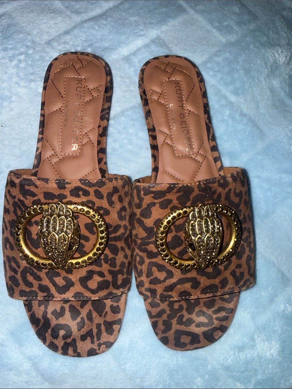 Kurt Geiger Brown and Black Leopard Slide Mules with Gold Buckle